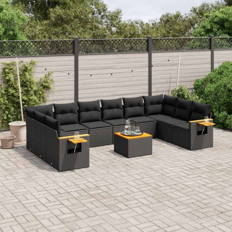 11-delige Loungeset met kussens poly rattan zwart