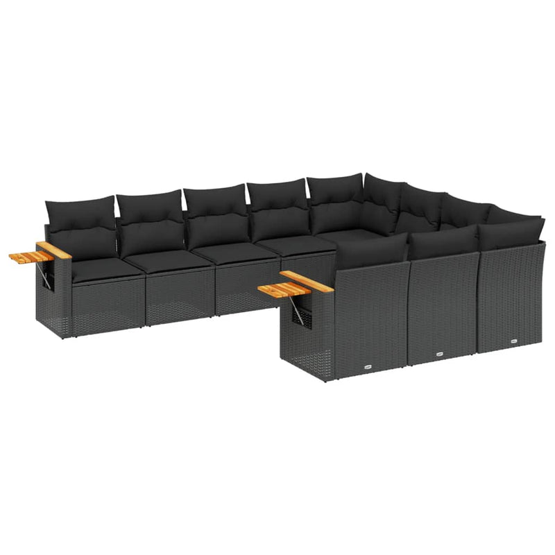 10-delige Loungeset met kussens poly rattan zwart
