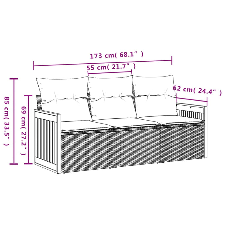 3-delige Loungeset met kussens poly rattan zwart