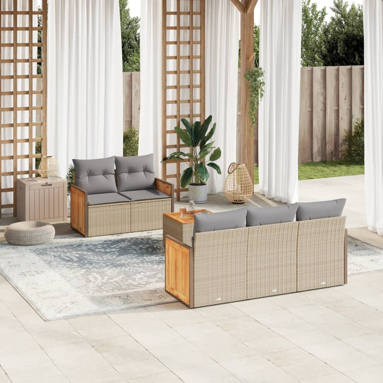 6-delige Loungeset met kussens poly rattan beige