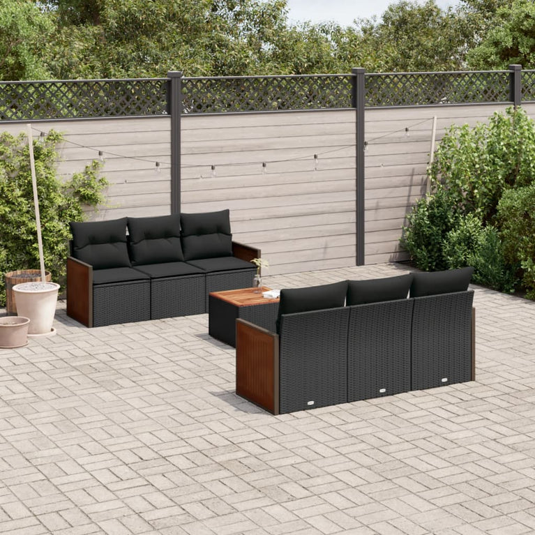7-delige Loungeset met kussens poly rattan zwart