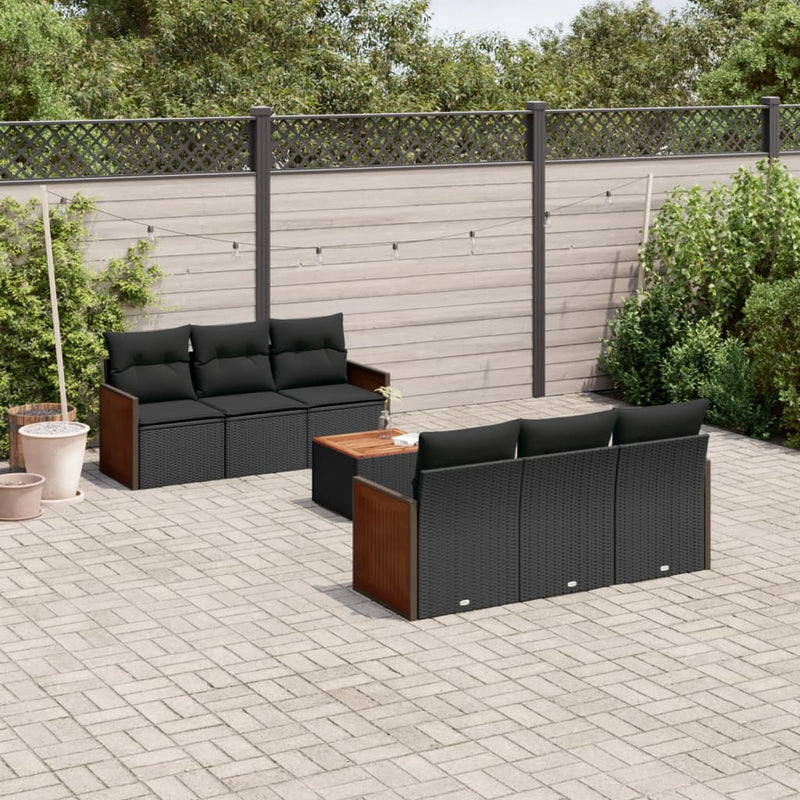 7-delige Loungeset met kussens poly rattan zwart
