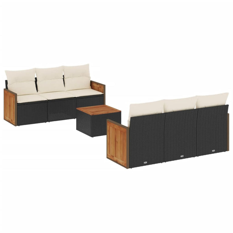 7-delige Loungeset met kussens poly rattan zwart