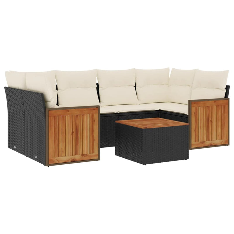 7-delige Loungeset met kussens poly rattan zwart