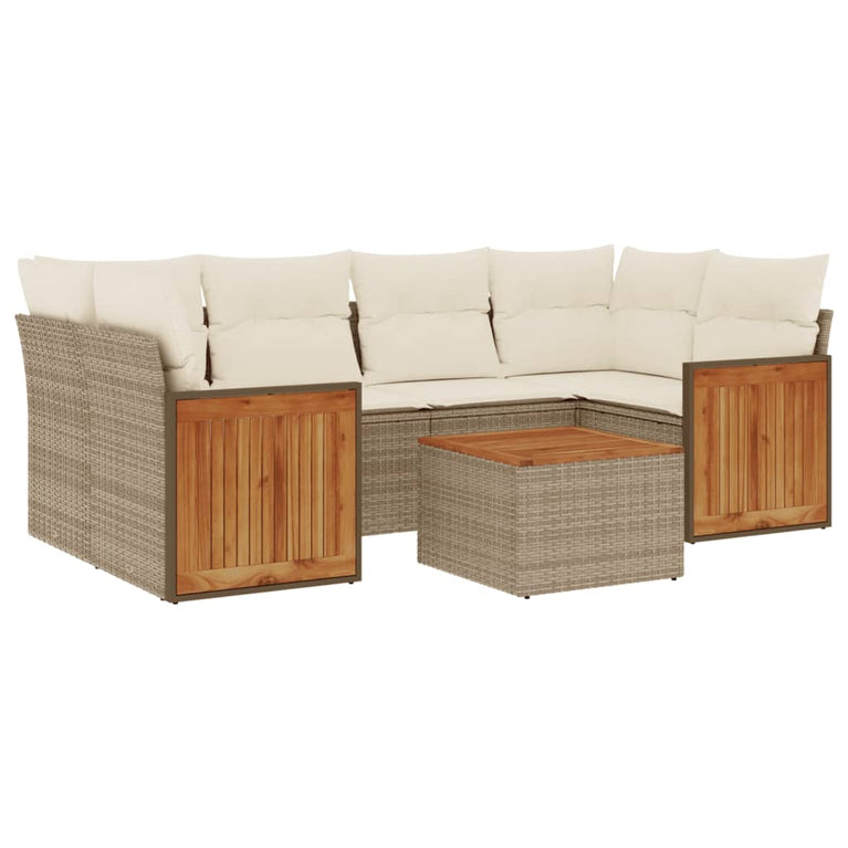 7-delige Loungeset met kussens poly rattan beige