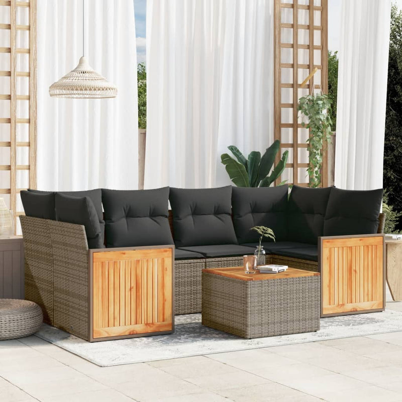 7-delige Loungeset met kussens poly rattan grijs