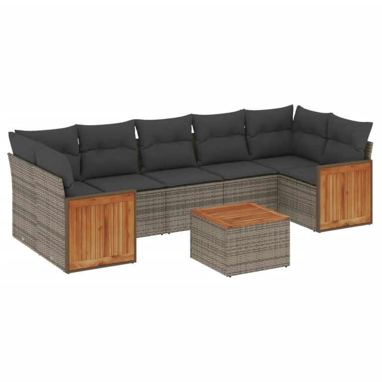8-delige Loungeset met kussens poly rattan grijs