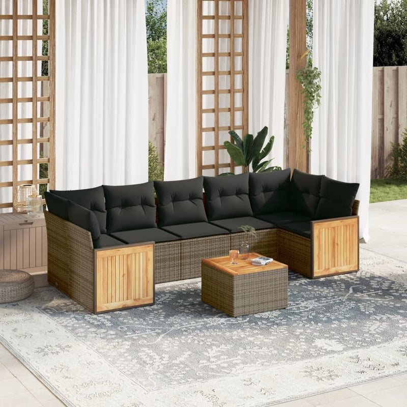 8-delige Loungeset met kussens poly rattan grijs
