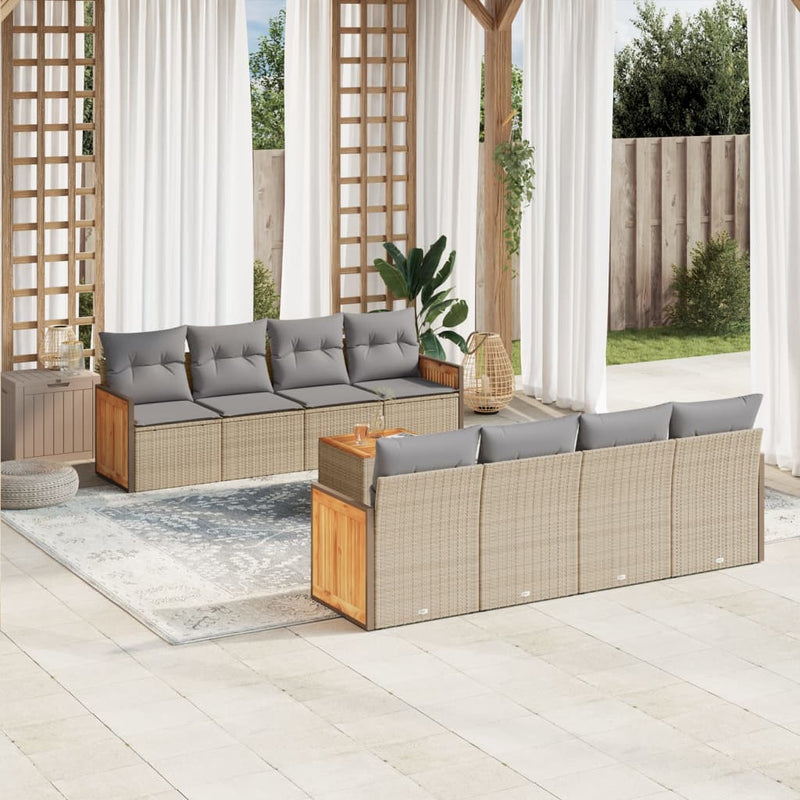 9-delige Loungeset met kussens poly rattan beige