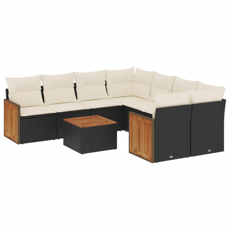 9-delige Loungeset met kussens poly rattan zwart