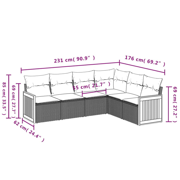 6-delige Loungeset met kussens poly rattan zwart