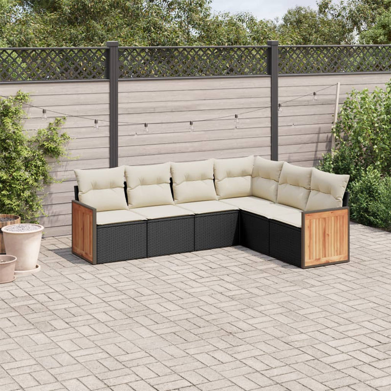 6-delige Loungeset met kussens poly rattan zwart