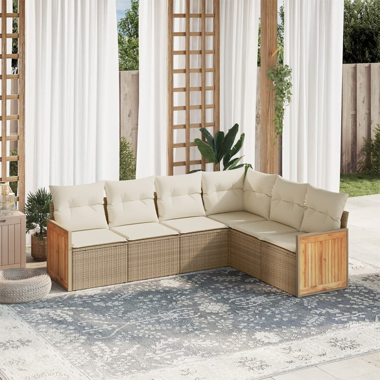 6-delige Loungeset met kussens poly rattan beige