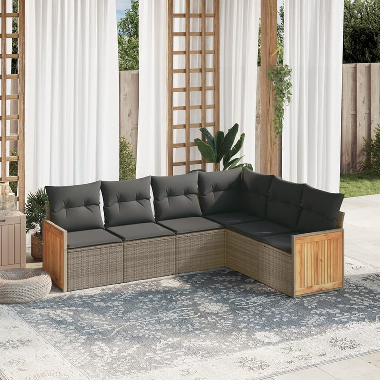 6-delige Loungeset met kussens poly rattan grijs