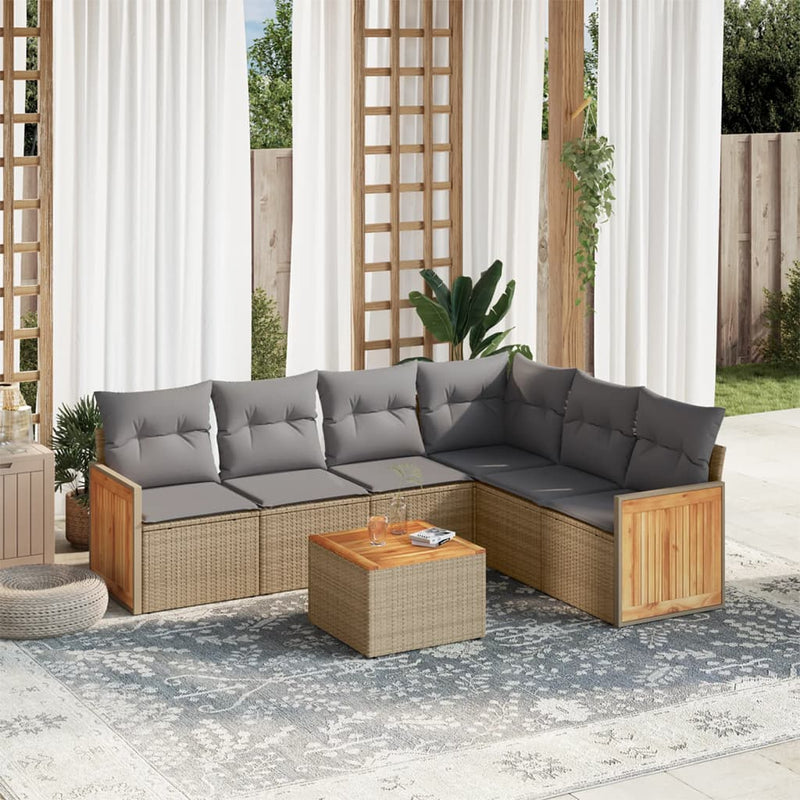7-delige Loungeset met kussens poly rattan beige