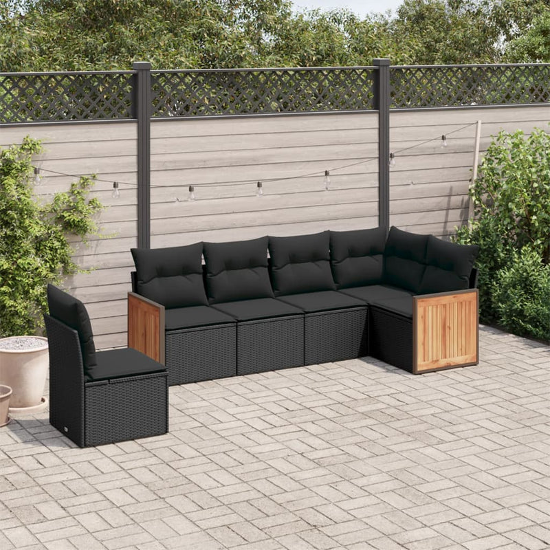 6-delige Loungeset met kussens poly rattan zwart
