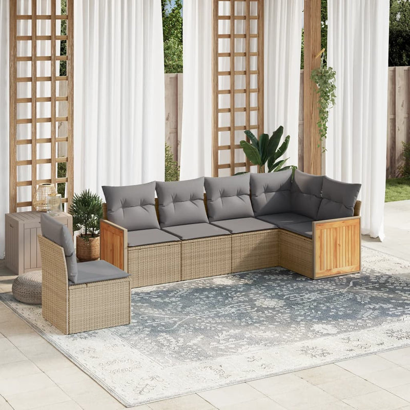 6-delige Loungeset met kussens poly rattan beige