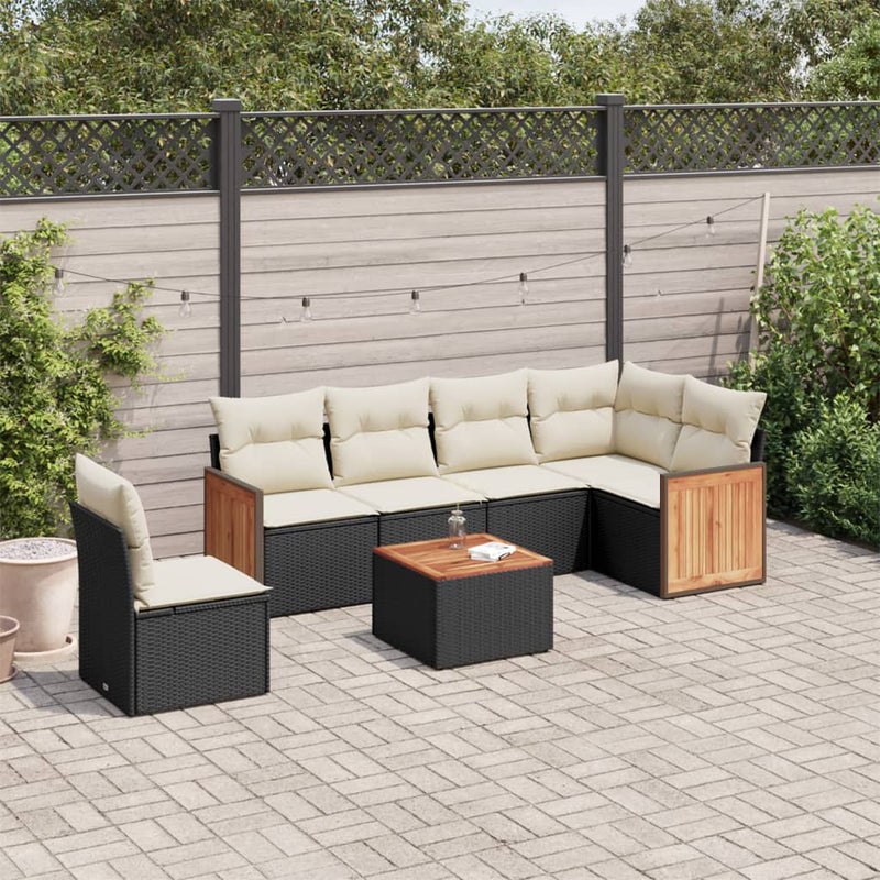 7-delige Loungeset met kussens poly rattan zwart
