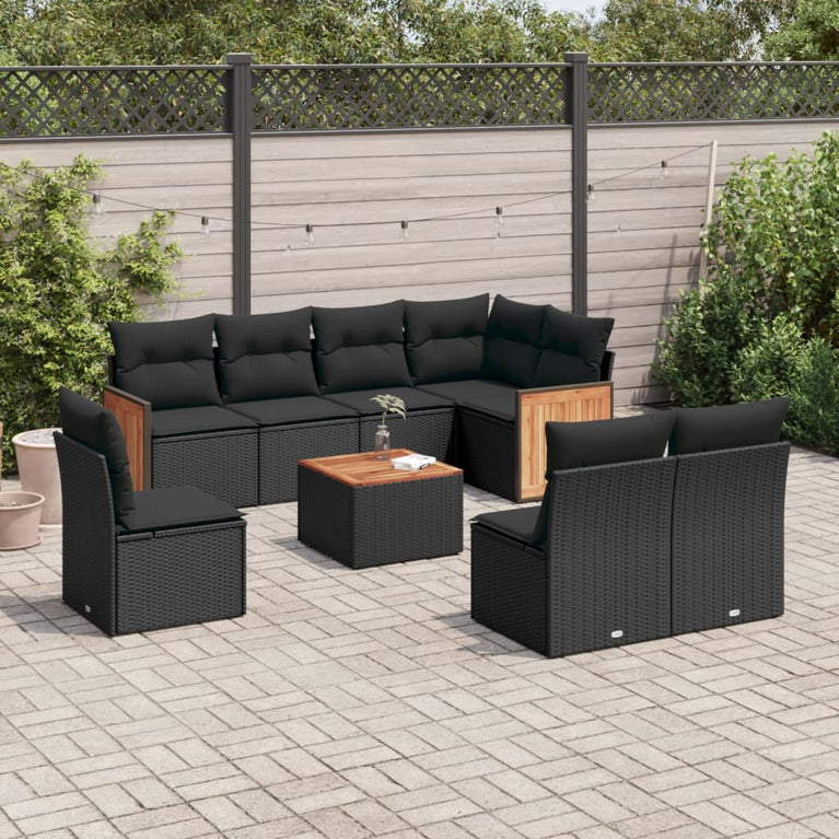9-delige Loungeset met kussens poly rattan zwart