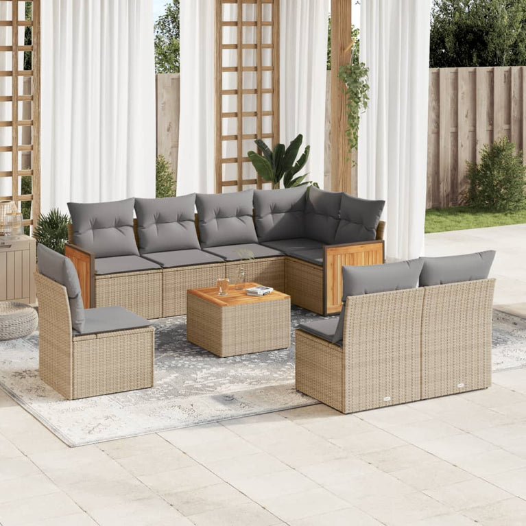 9-delige Loungeset met kussens poly rattan beige