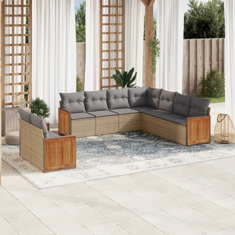 9-delige Loungeset met kussens poly rattan beige