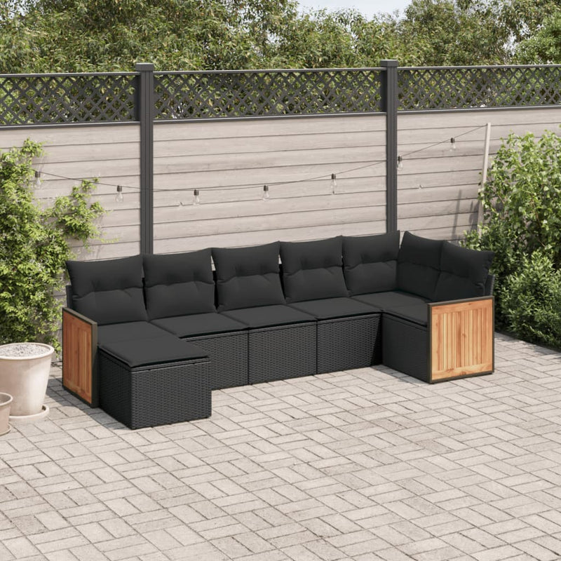7-delige Loungeset met kussens poly rattan zwart