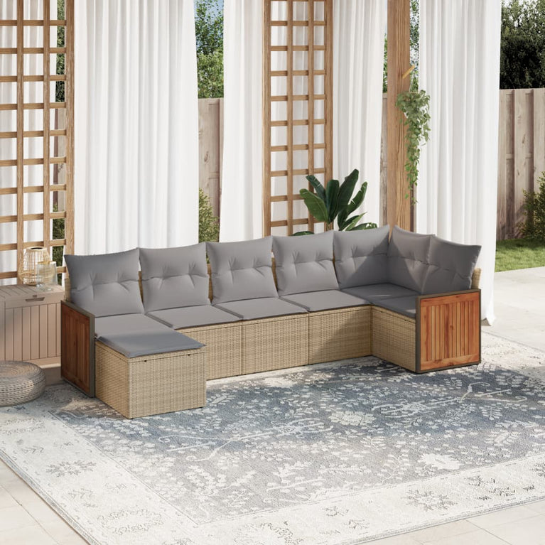 7-delige Loungeset met kussens poly rattan beige