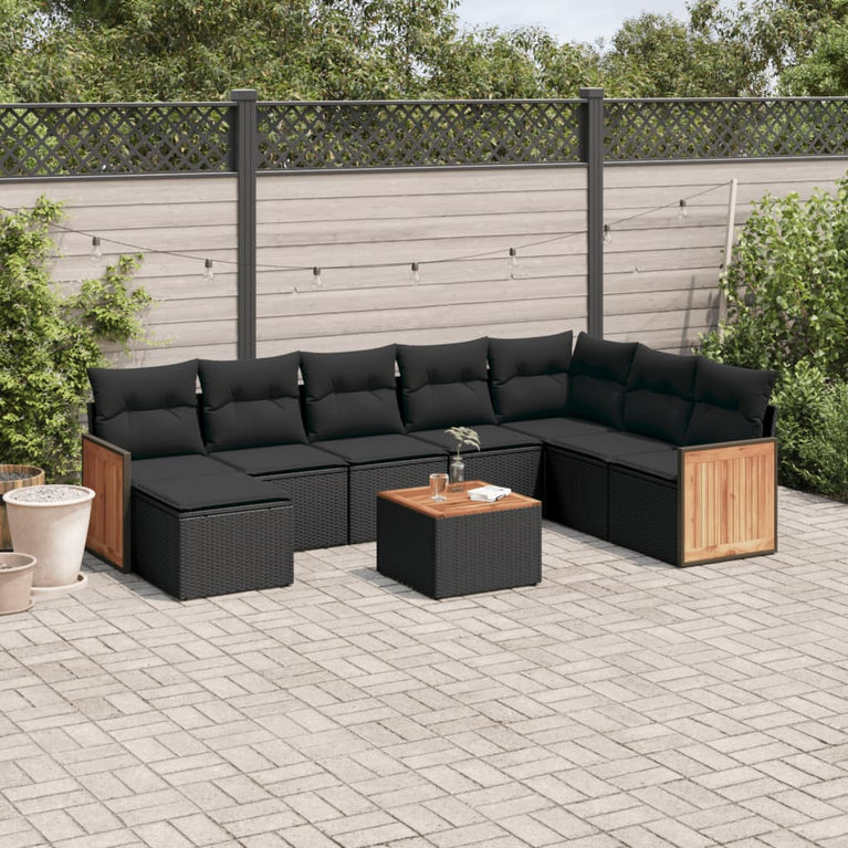 9-delige Loungeset met kussens poly rattan zwart