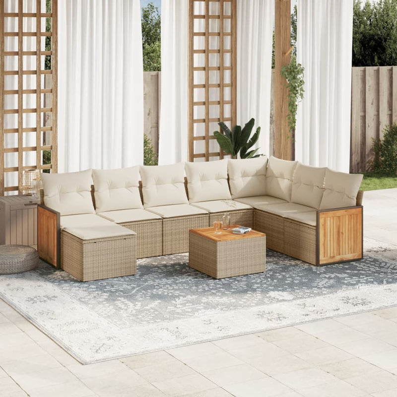 9-delige Loungeset met kussens poly rattan beige