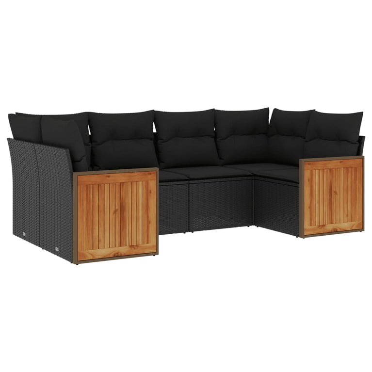 6-delige Loungeset met kussens poly rattan zwart