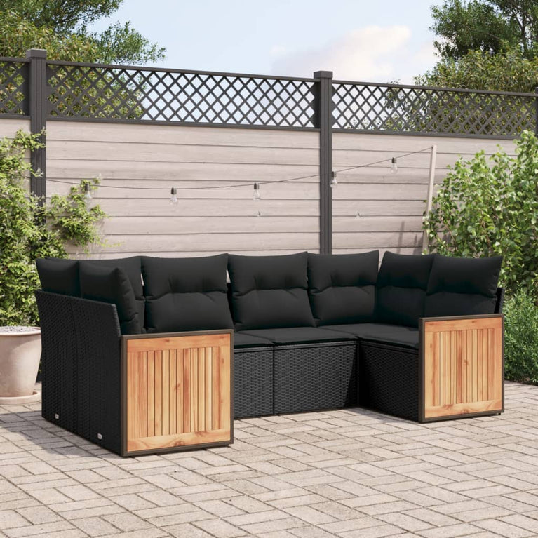 6-delige Loungeset met kussens poly rattan zwart