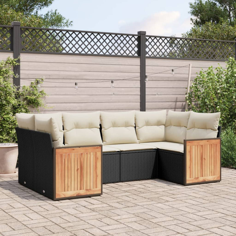 6-delige Loungeset met kussens poly rattan zwart
