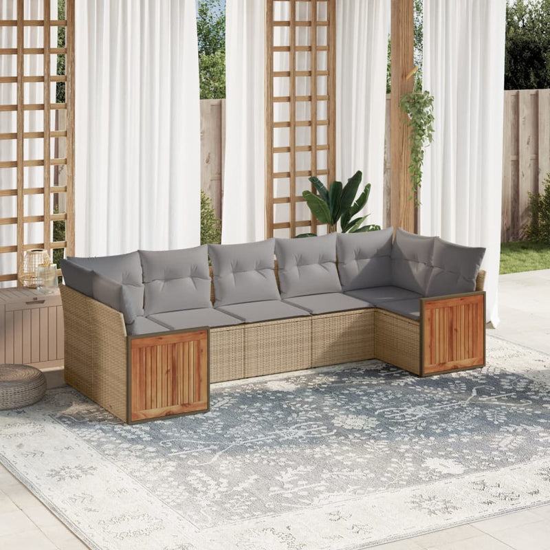 7-delige Loungeset met kussens poly rattan beige