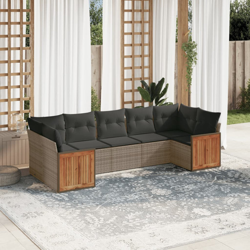7-delige Loungeset met kussens poly rattan grijs