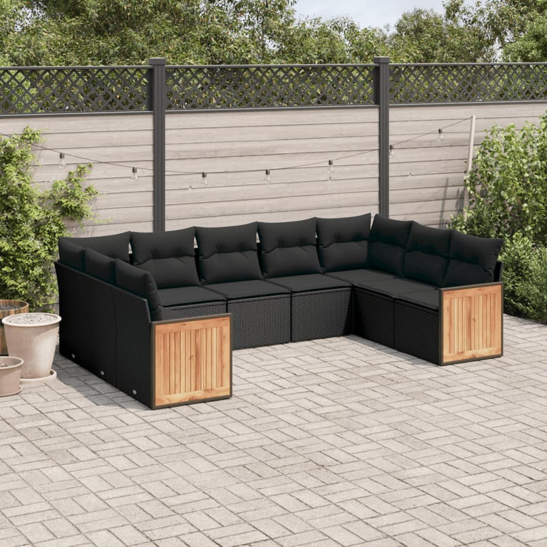 9-delige Loungeset met kussens poly rattan zwart