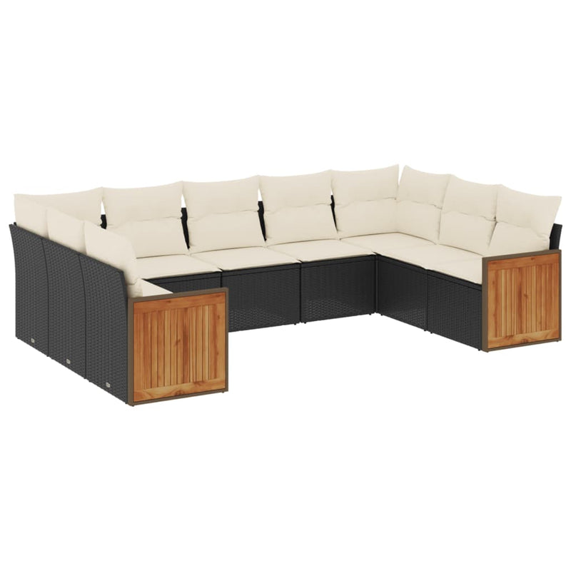 9-delige Loungeset met kussens poly rattan zwart