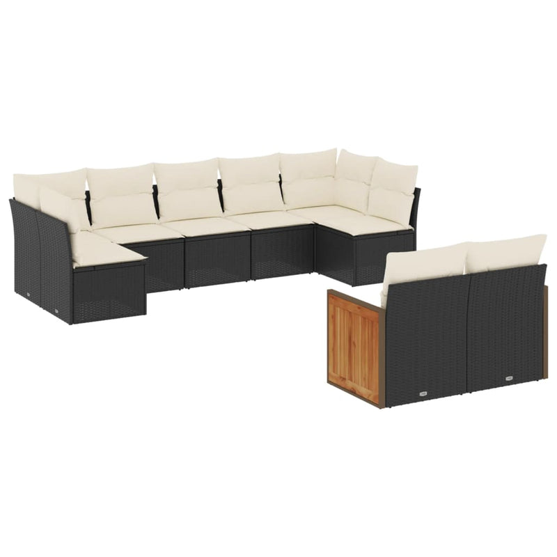 9-delige Loungeset met kussens poly rattan zwart