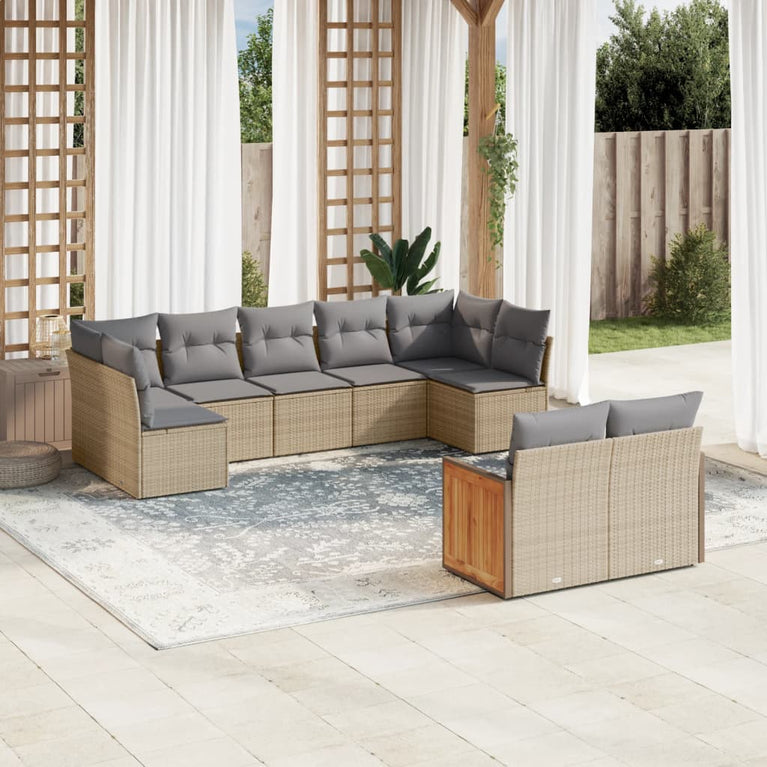 9-delige Loungeset met kussens poly rattan beige