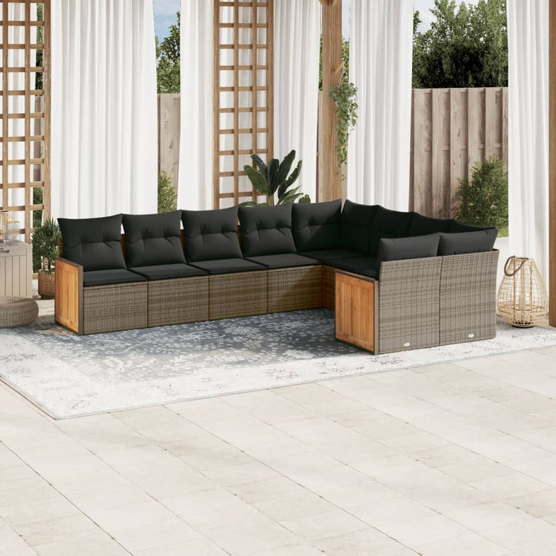 9-delige Loungeset met kussens poly rattan grijs