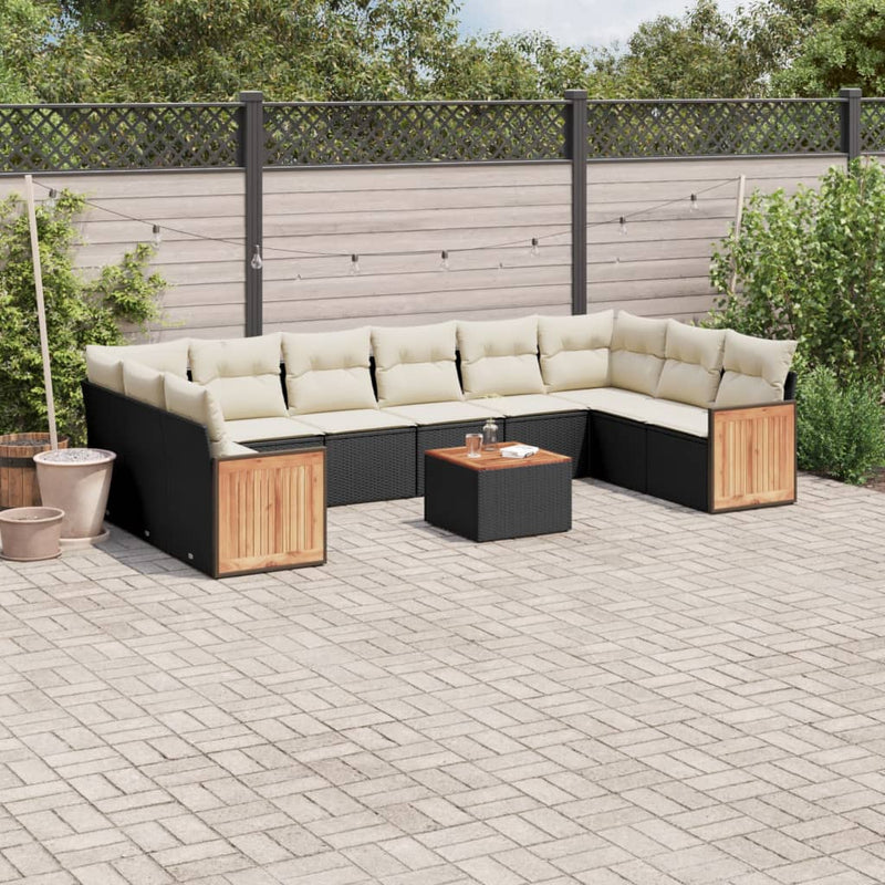 11-delige Loungeset met kussens poly rattan zwart