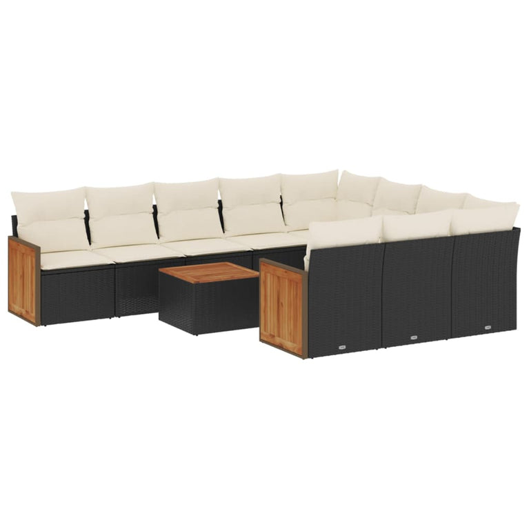 11-delige Loungeset met kussens poly rattan zwart