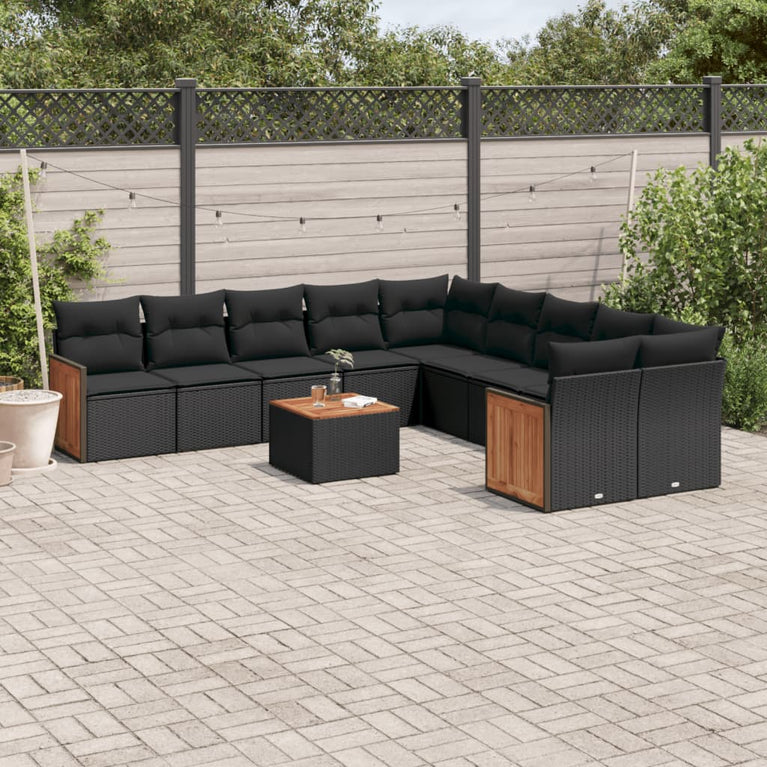 11-delige Loungeset met kussens poly rattan zwart
