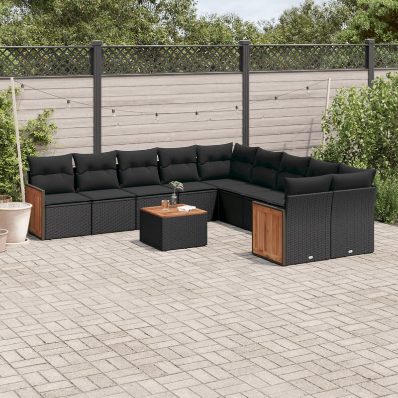 11-delige Loungeset met kussens poly rattan zwart