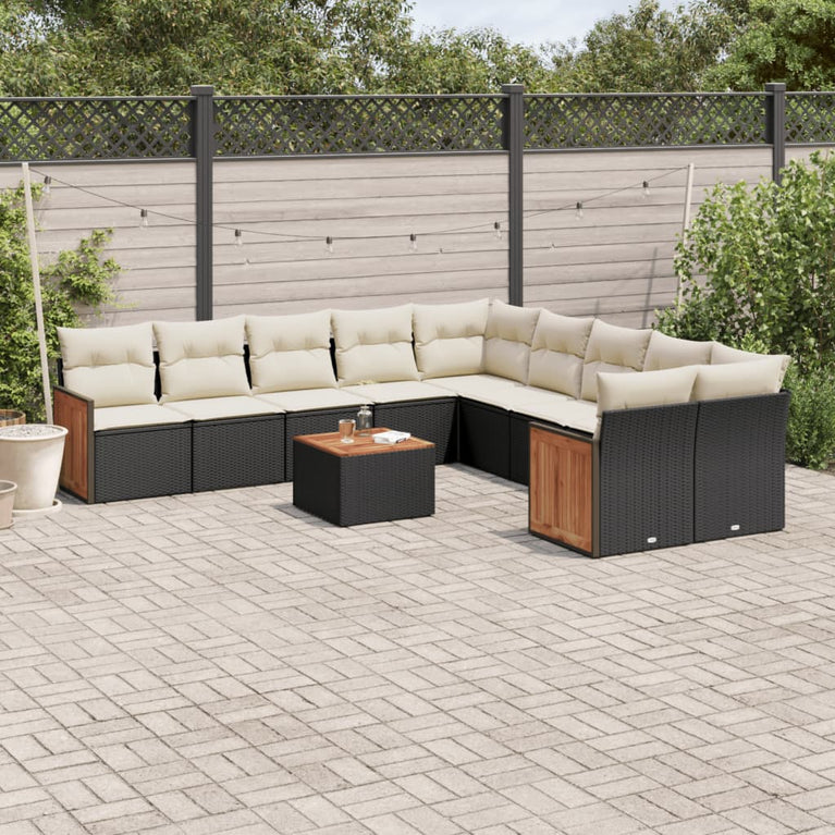 11-delige Loungeset met kussens poly rattan zwart