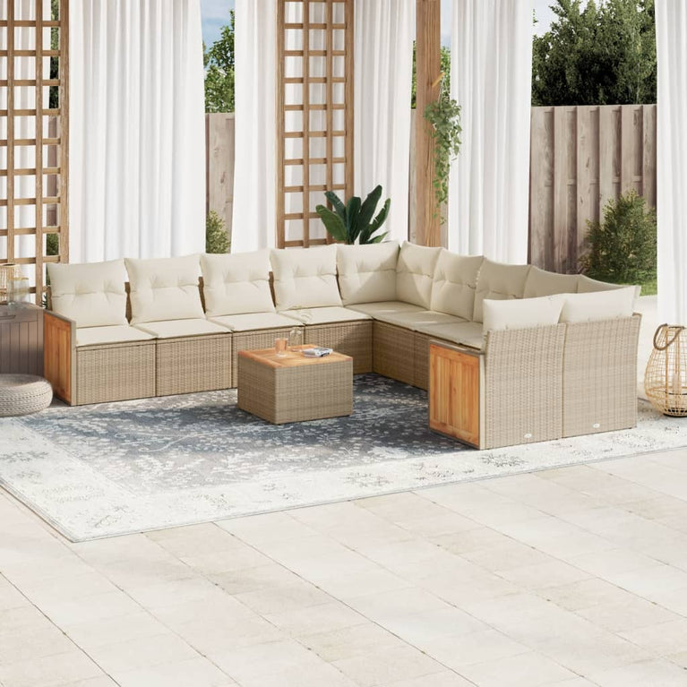 11-delige Tuinset met kussens poly rattan beige