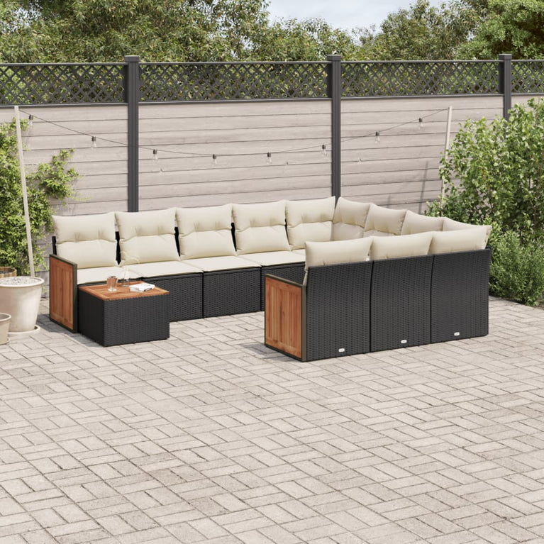 11-delige Loungeset met kussens poly rattan zwart
