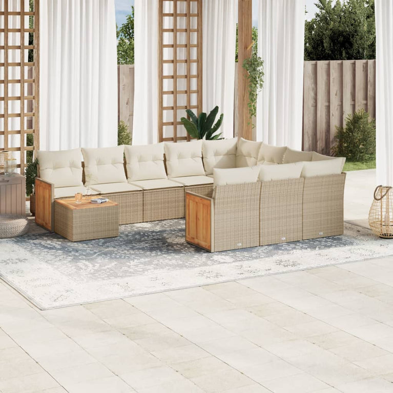 11-delige Tuinset met kussens poly rattan beige