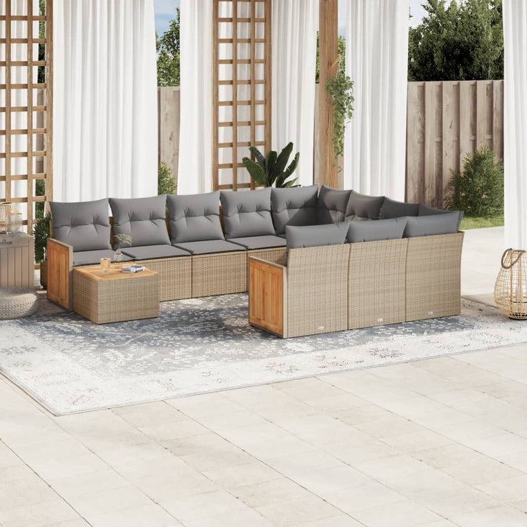 11-delige Tuinset met kussens poly rattan beige