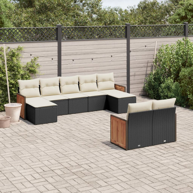9-delige Loungeset met kussens poly rattan zwart