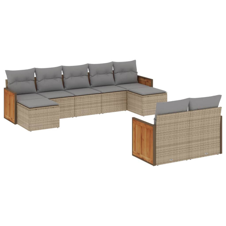9-delige Loungeset met kussens poly rattan beige